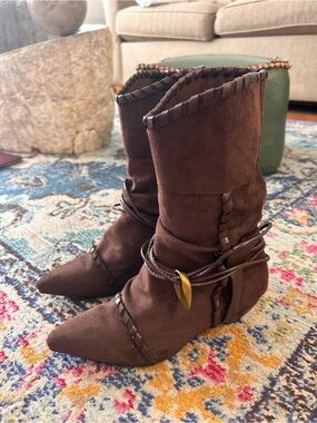 Vintage Brown Suede Pointed-Toe Mid-Calf Women's Boots